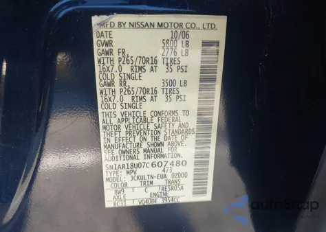 2007 Nissan Pathfinder Se z USA, uszkodzony, nr VIN 5N1AR18U07C607480